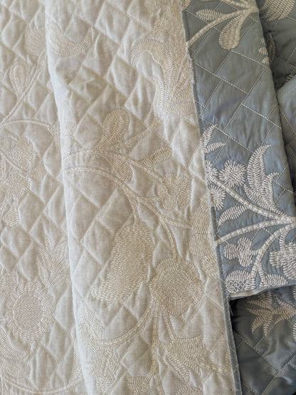 2.3y Scalamandre Lisetta Powder Blue Silk Embroidery Matelasse Quilted Blanket Bedcover White Crewel Flower Blue MSRP USD 478/Y