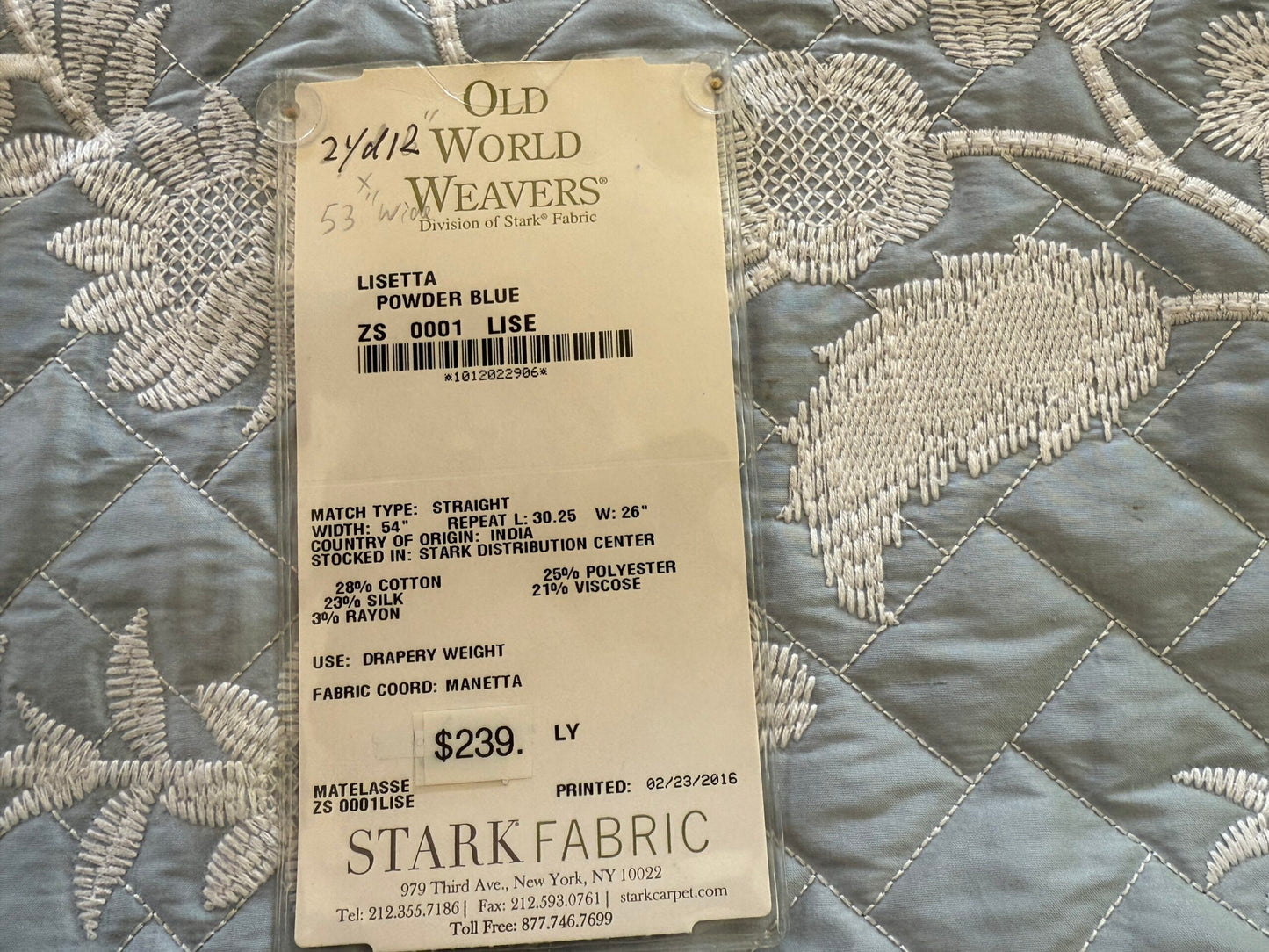 2.3y Scalamandre Lisetta Powder Blue Silk Embroidery Matelasse Quilted Blanket Bedcover White Crewel Flower Blue MSRP USD 478/Y