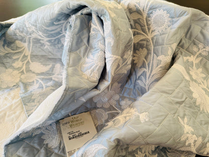 2.3y Scalamandre Lisetta Powder Blue Silk Embroidery Matelasse Quilted Blanket Bedcover White Crewel Flower Blue MSRP USD 478/Y