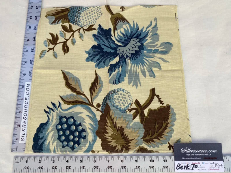 28 Berkbox70 Scalamandre Pomegranate Blue Brown on Beige Botanical  Square 12 x 12 inches