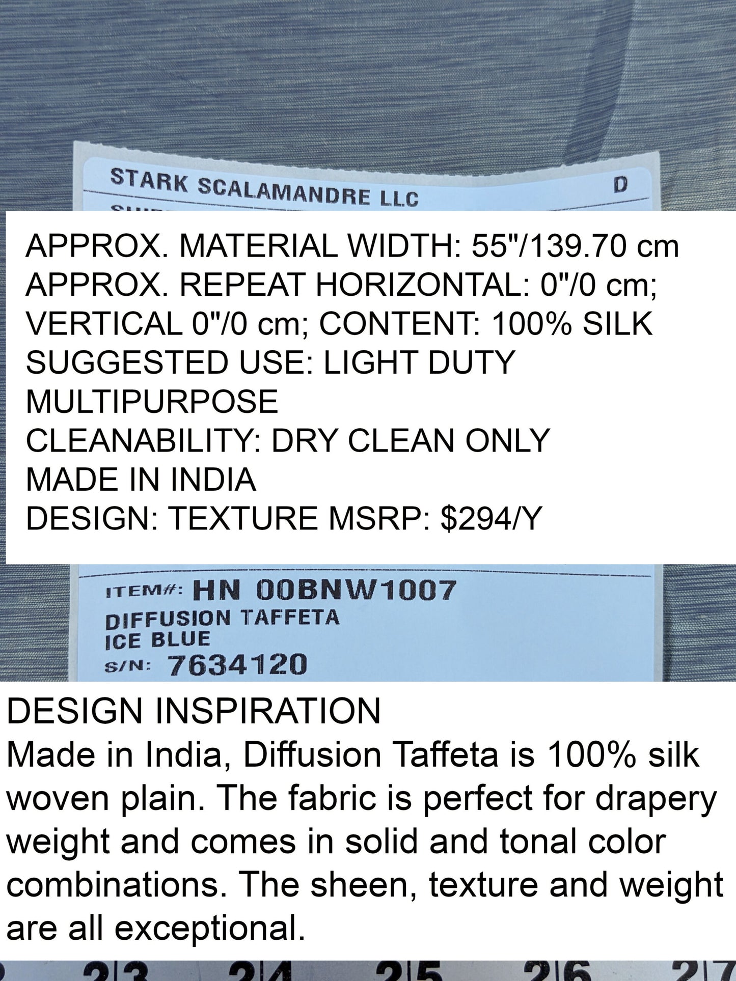 Scalamandre Diffusion Taffeta Ice Blue Iridescent Silk Taffeta Texture MSRP USD294/y