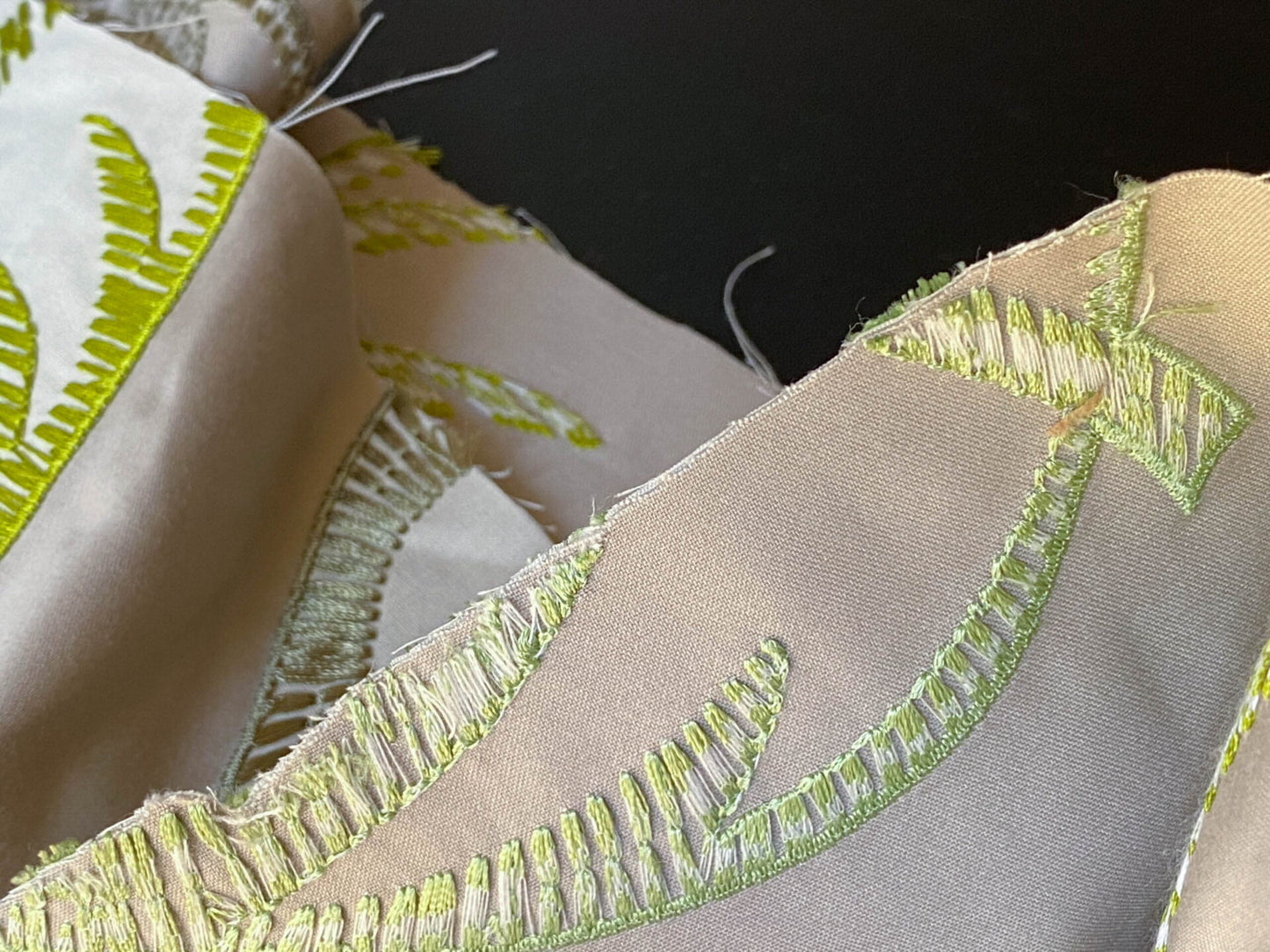 Scalamandre Palmer Green Applique And Embroidery Leaves Pattern Blue by Hinson MSRP USD 367/y