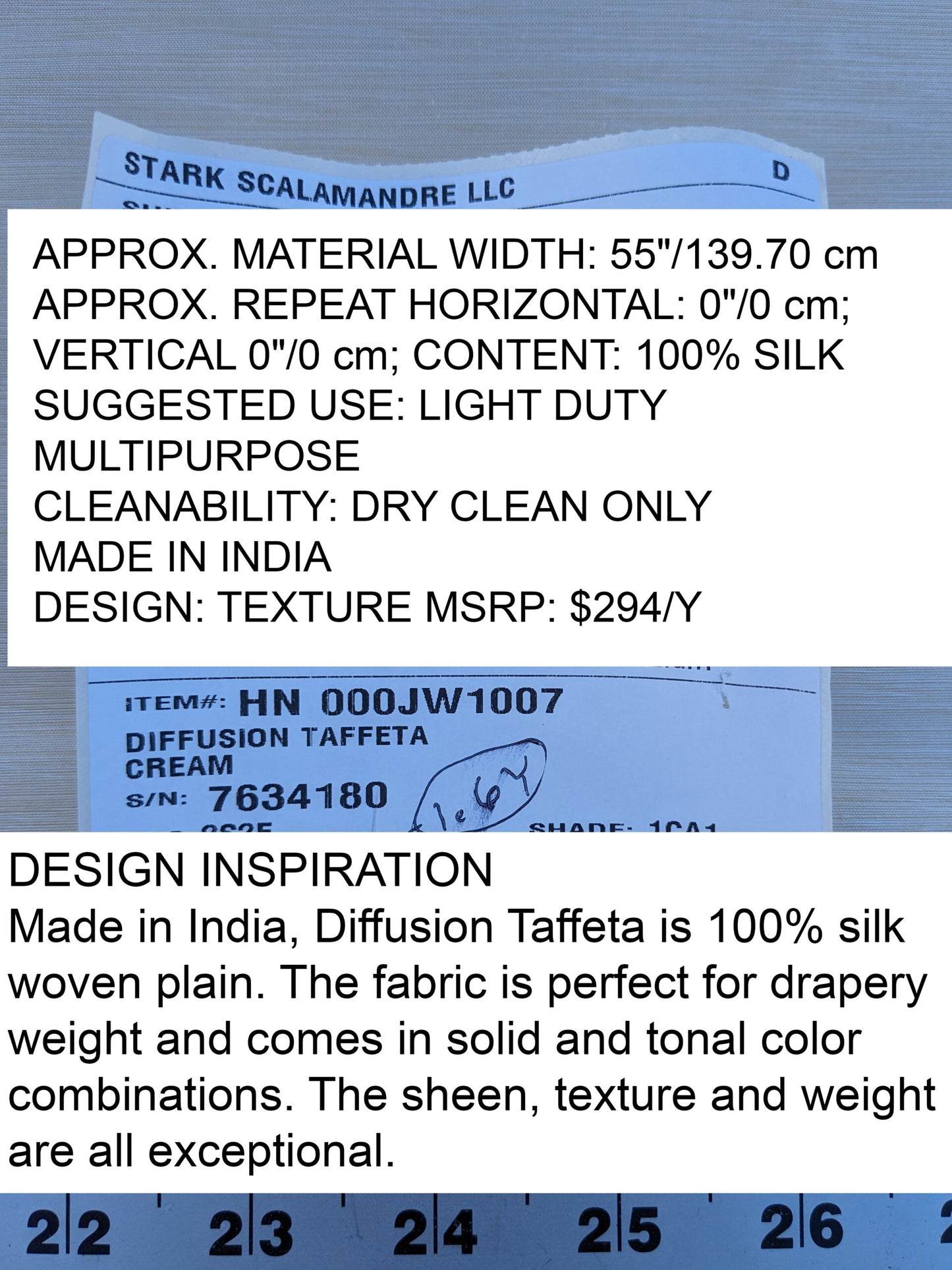 Scalamandre Diffusion Taffeta Cream Iridescent Silk Taffeta Texture MSRP USD294/y