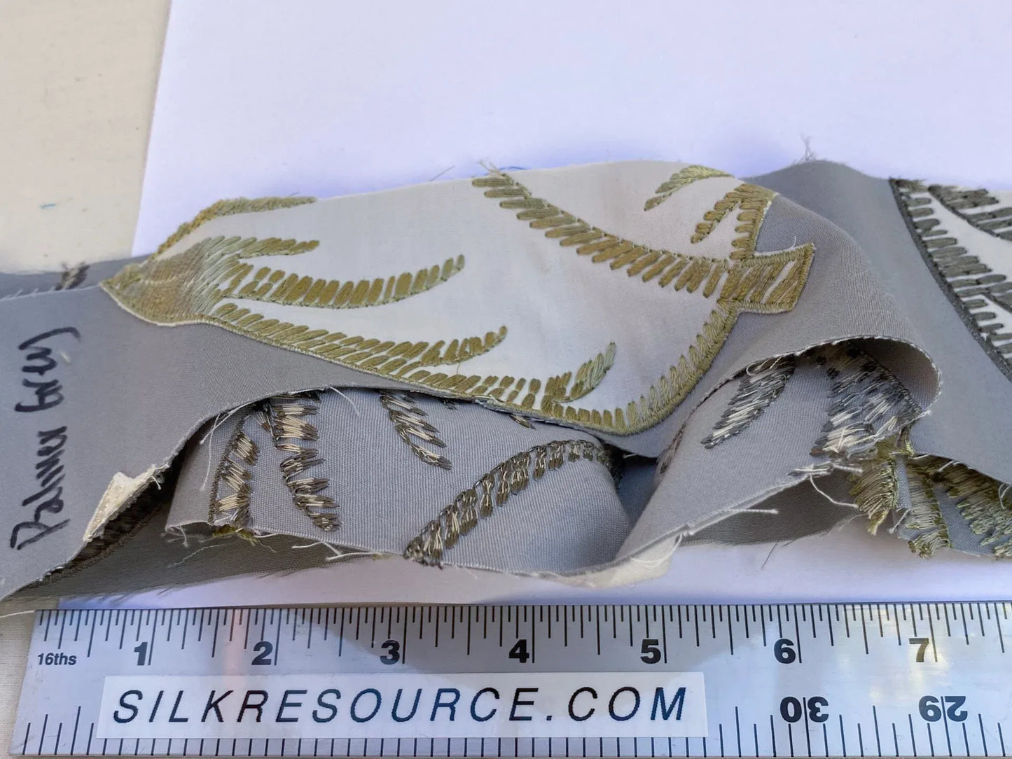 Scalamandre Palmer Grey Applique And Embroidery Leaves Pattern Blue by Hinson MSRP USD 367/y