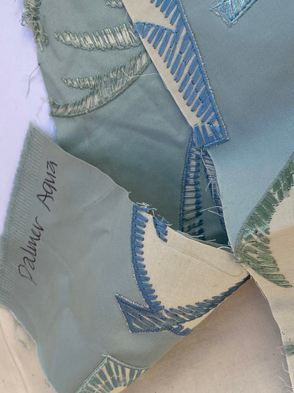 Scalamandre Palmer Aqua Applique And Embroidery Leaves Pattern Blue by Hinson MSRP USD 367/y