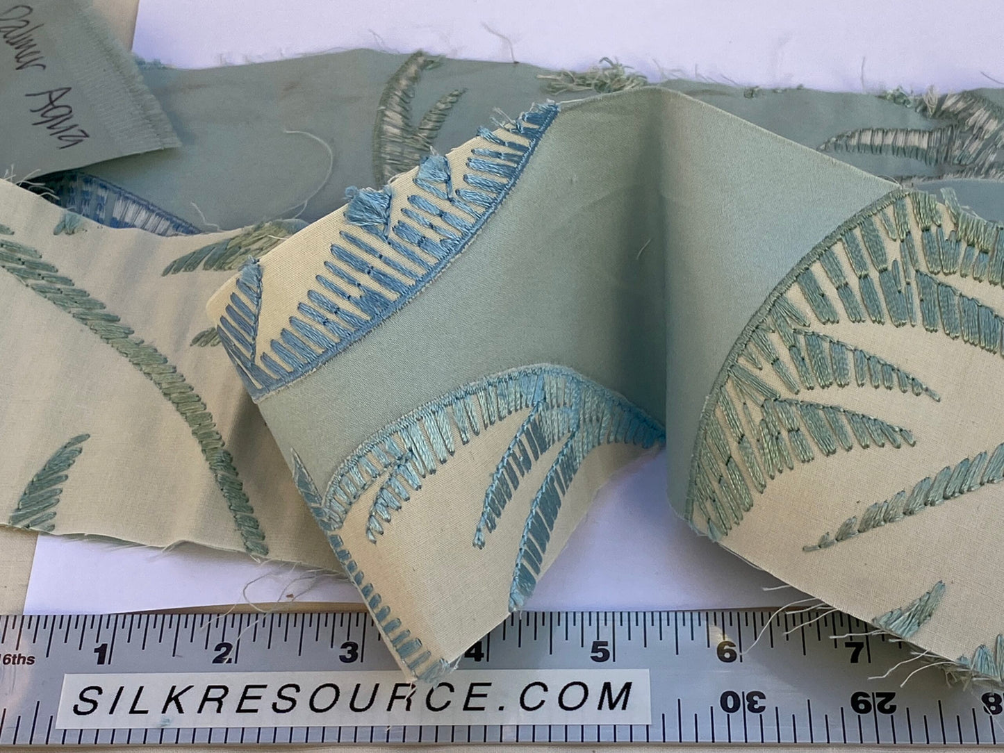 Scalamandre Palmer Aqua Applique And Embroidery Leaves Pattern Blue by Hinson MSRP USD 367/y