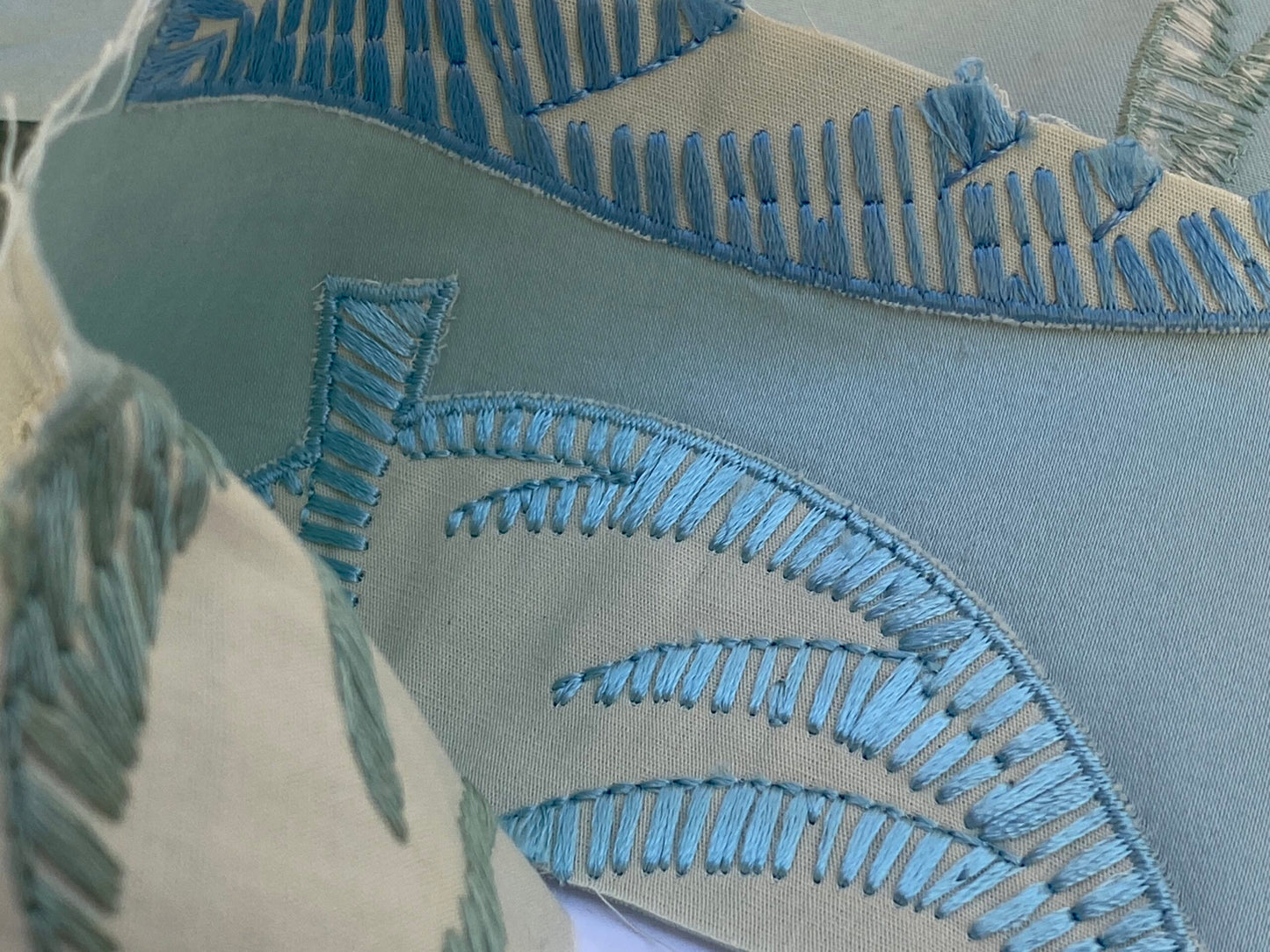 Scalamandre Palmer Aqua Applique And Embroidery Leaves Pattern Blue by Hinson MSRP USD 367/y