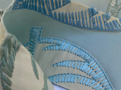 Scalamandre Palmer Aqua Applique And Embroidery Leaves Pattern Blue by Hinson MSRP USD 367/y