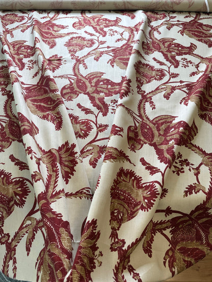 By Yd Lee Jofa Exotic Fruits Brick Biscuit Red on White Pom Thistle Vine Tropical Large Linen Print MSRP USD 196/Y