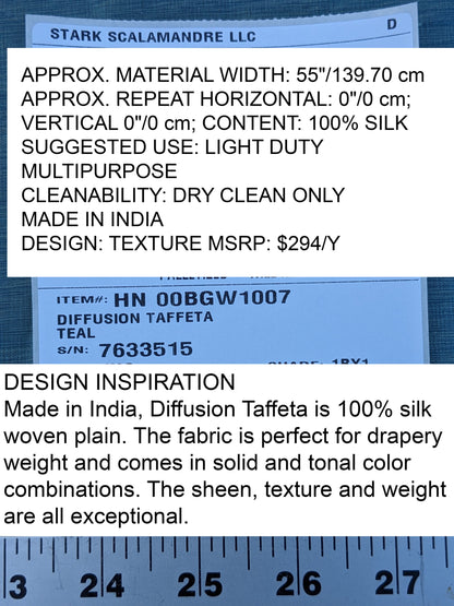 Scalamandre Diffusion Taffeta Teal Blue Silk Solid Texture MSRP USD294/y