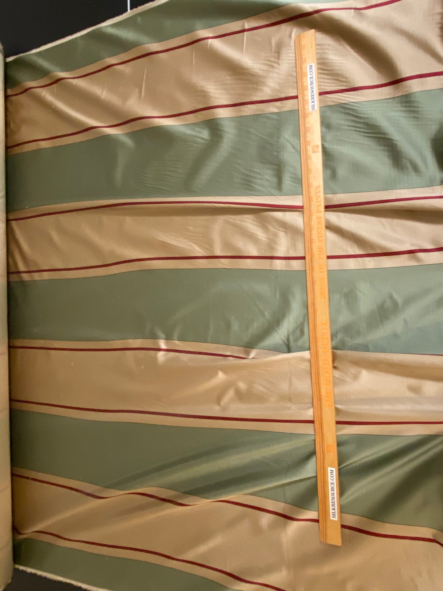 By Yd Scalamandre Caribu Stripe Green, Taupe, Red Silk Renaissance MSRP USD 200/Y