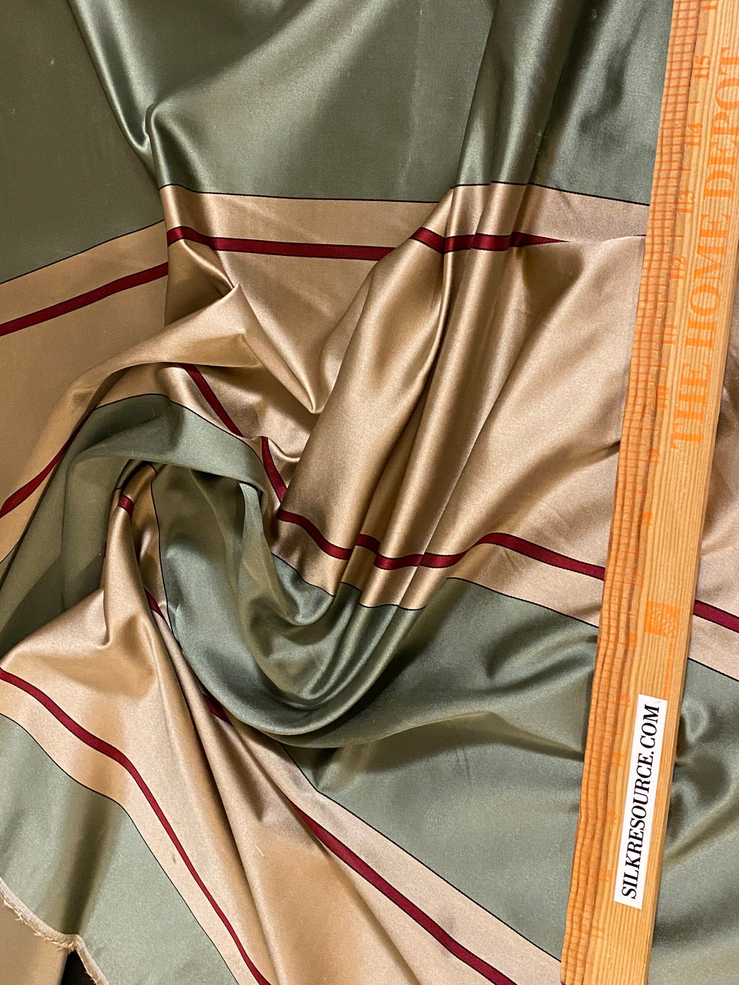 By Yd Scalamandre Caribu Stripe Green, Taupe, Red Silk Renaissance MSRP USD 200/Y