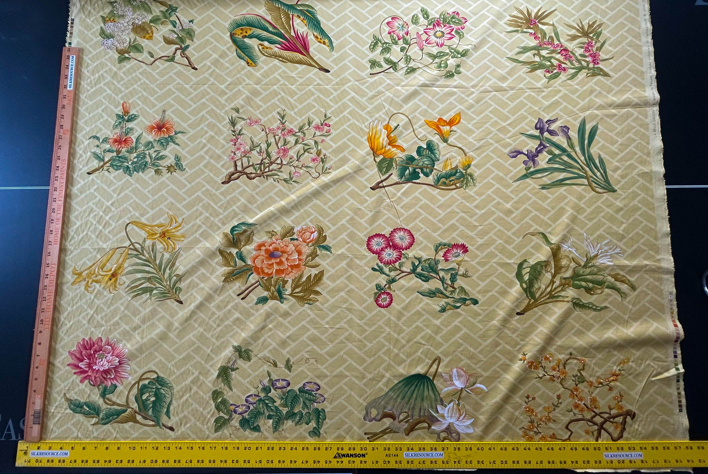 Clarence House la Belle Saison Print Cotton Yellow Mustard Botany Lotus Jasmine Iris Peony Lily Kazumi Asian Botanic Study 30 Screens! - By Vertical Repeats