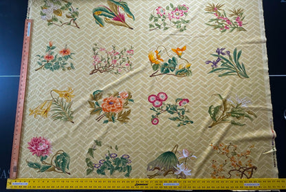 Clarence House la Belle Saison Print Cotton Yellow Mustard Botany Lotus Jasmine Iris Peony Lily Kazumi Asian Botanic Study 30 Screens! - By Vertical Repeats