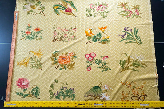 Clarence House la Belle Saison Print Cotton Yellow Mustard Botany Lotus Jasmine Iris Peony Lily Kazumi Asian Botanic Study 30 Screens! - By Vertical Repeats