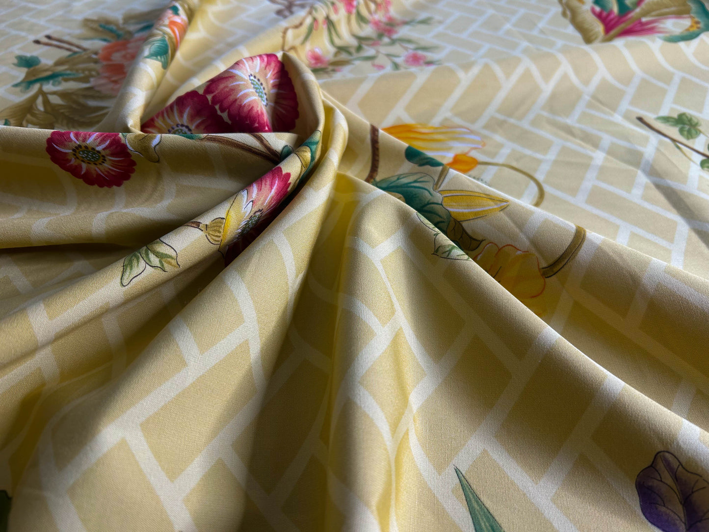 Clarence House la Belle Saison Print Cotton Yellow Mustard Botany Lotus Jasmine Iris Peony Lily Kazumi Asian Botanic Study 30 Screens! - By Vertical Repeats