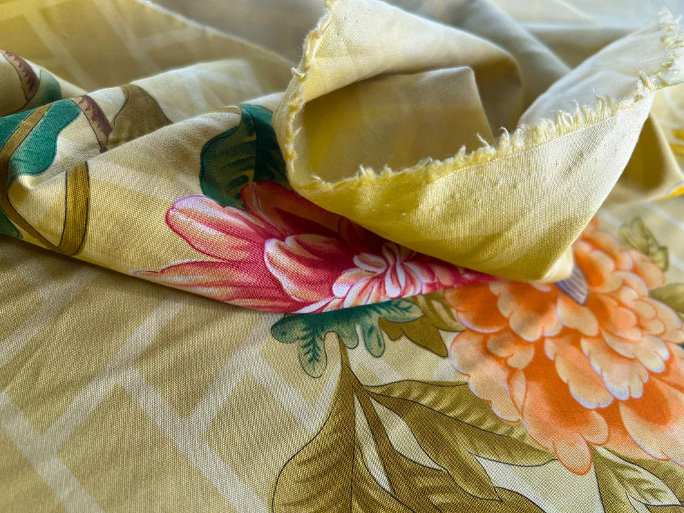 Clarence House la Belle Saison Print Cotton Yellow Mustard Botany Lotus Jasmine Iris Peony Lily Kazumi Asian Botanic Study 30 Screens! - By Vertical Repeats