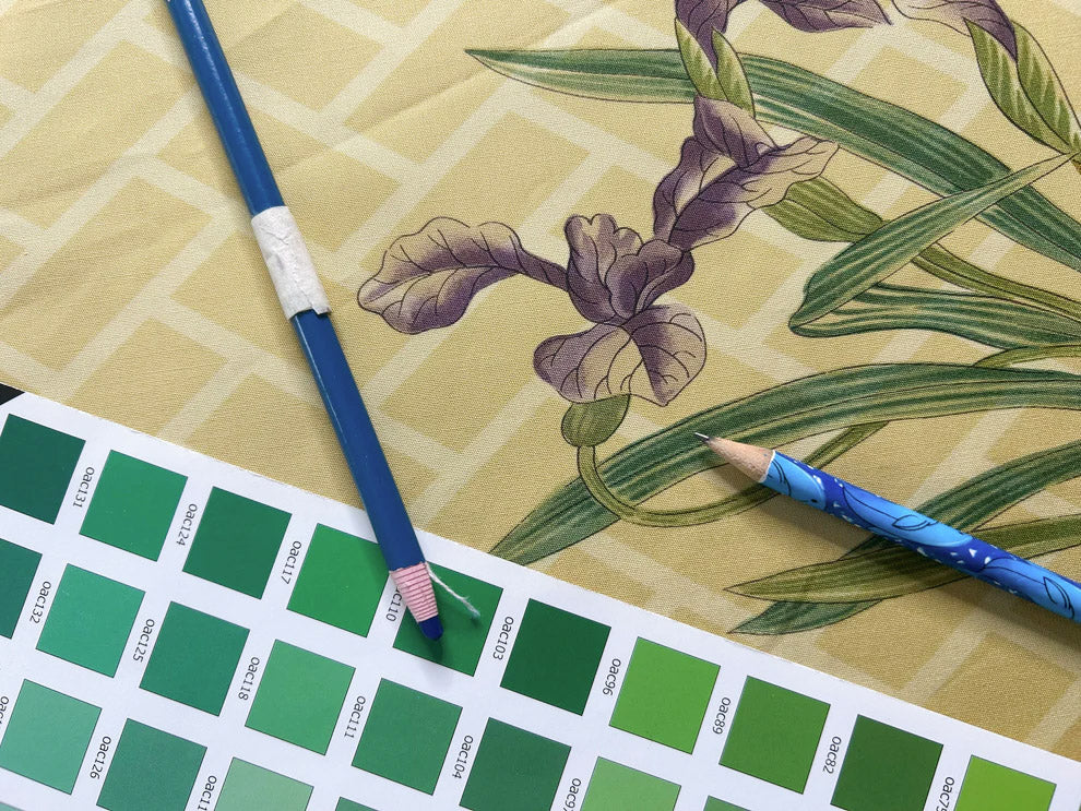 Clarence House la Belle Saison Print Cotton Yellow Mustard Botany Lotus Jasmine Iris Peony Lily Kazumi Asian Botanic Study 30 Screens! - By Vertical Repeats