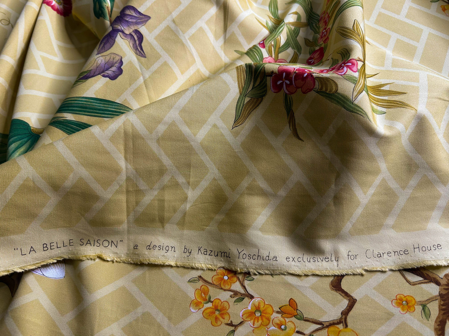 Clarence House la Belle Saison Print Cotton Yellow Mustard Botany Lotus Jasmine Iris Peony Lily Kazumi Asian Botanic Study 30 Screens! - By Vertical Repeats