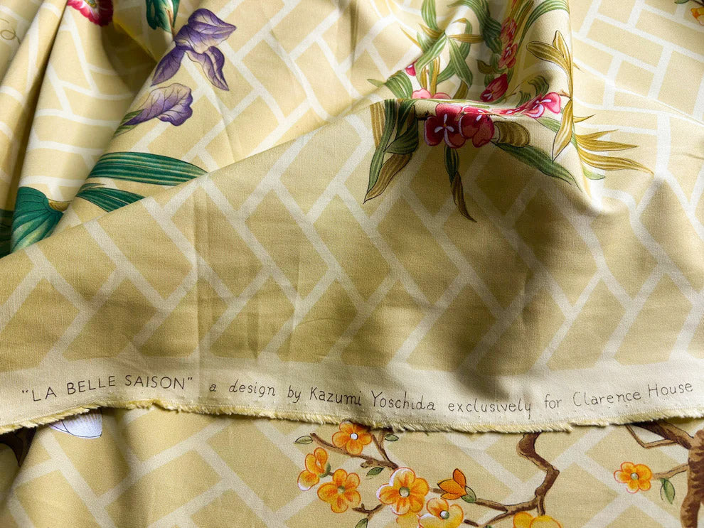 Clarence House la Belle Saison Print Cotton Yellow Mustard Botany Lotus Jasmine Iris Peony Lily Kazumi Asian Botanic Study 30 Screens! - By Vertical Repeats