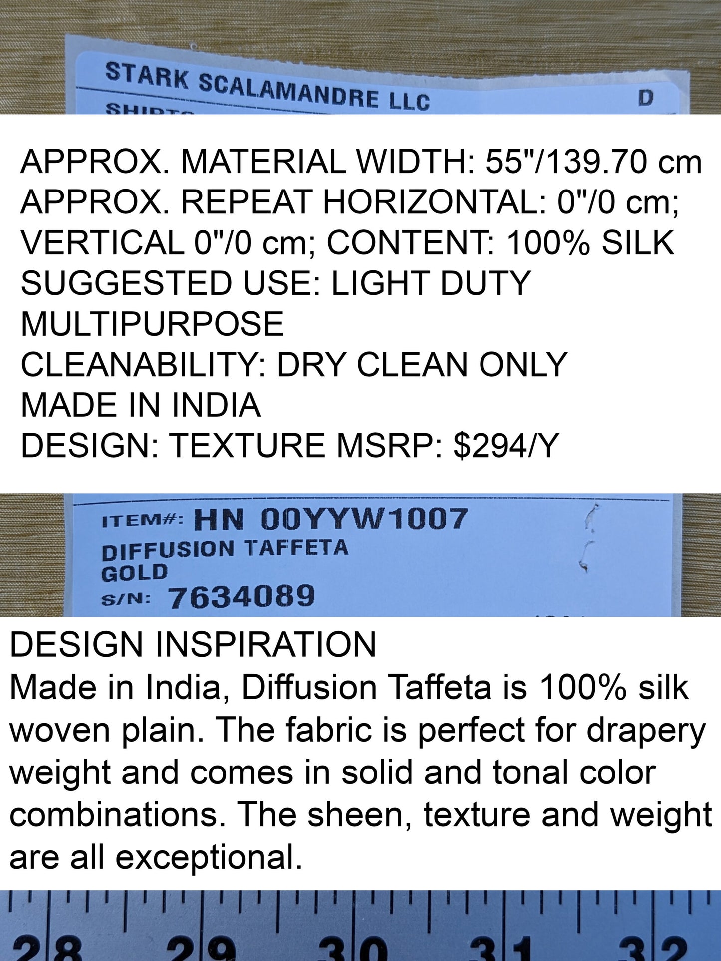 Scalamandre Diffusion Taffeta Gold Silk Solid Texture MSRP USD294/y