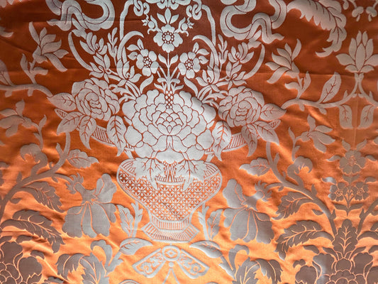 Scalamandre Nashville Orange Silk Damask Chinoiserie Peony Flower Basket Circa 1830  - By The Yard