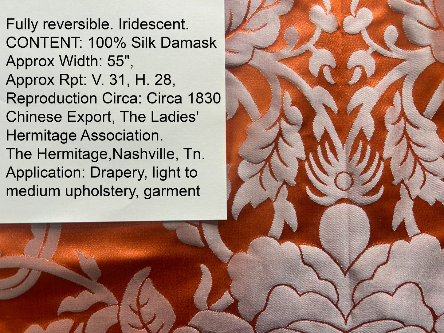 Scalamandre Nashville Orange Silk Damask Chinoiserie Peony Flower Basket Circa 1830  - By The Yard