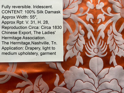 Scalamandre Nashville Orange Silk Damask Chinoiserie Peony Flower Basket Circa 1830  - By The Yard