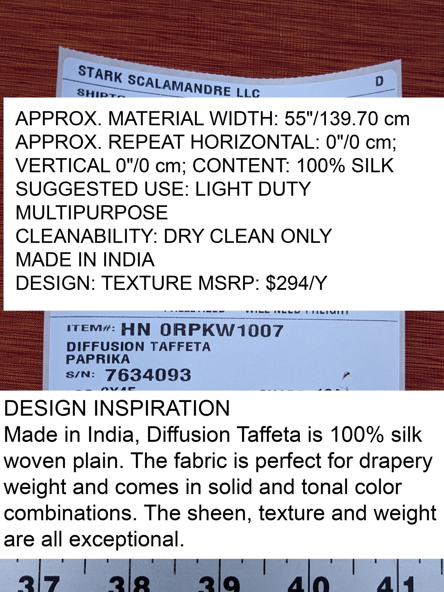 Scalamandre Diffusion Taffeta Paprika Orange Red Silk Solid Texture MSRP USD294/y