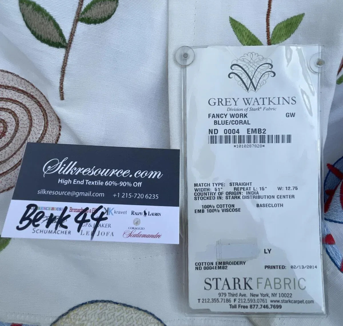 BerkBox44-1 Scalamandre Floral Fancy Blue Coral Embroidery- 1.2 Yards