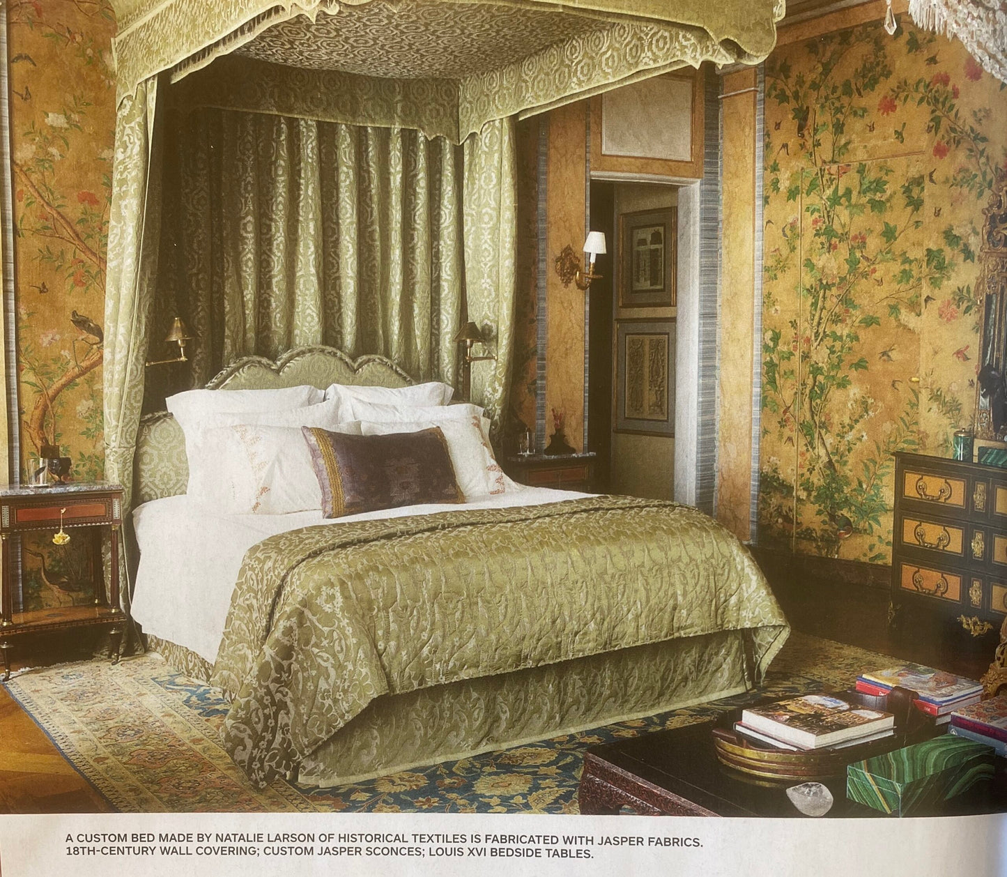 100% Silk Damask Peony River - Palm Green