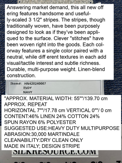 Scalamandre Indy Navy Deep Blue Linen Cotton Blend Texture Stripe Sophisticated Heavy Duty - By The Yard