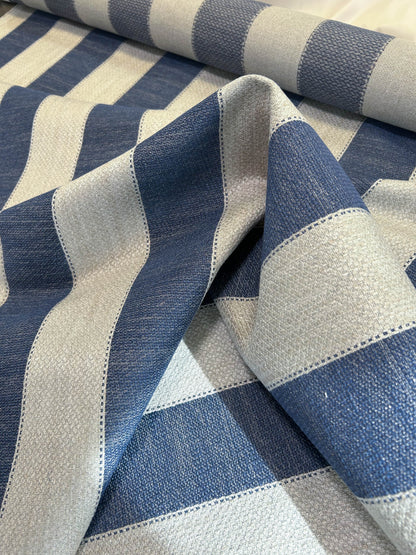 Scalamandre Indy Navy Deep Blue Linen Cotton Blend Texture Stripe Sophisticated Heavy Duty - By The Yard