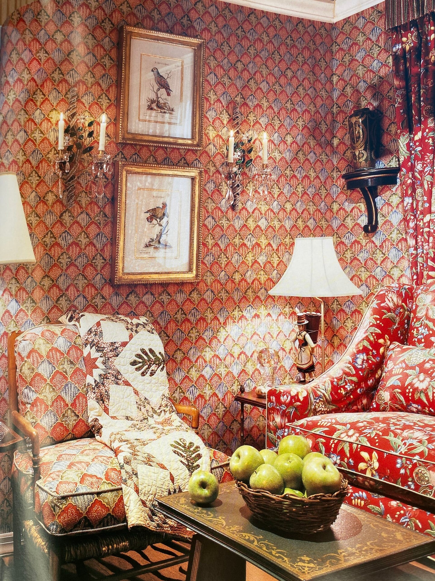 Bty Brunschwig &amp; Fils Amandine Red Chinioserie Bird Flower Tree of Life Print Chintz Cotton Linen