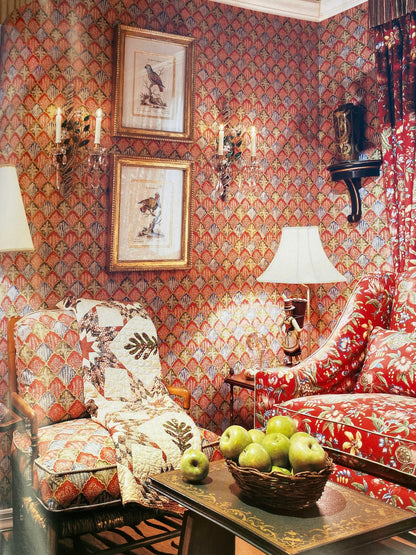 Bty Brunschwig &amp; Fils Amandine Red Chinioserie Bird Flower Tree of Life Print Chintz Cotton Linen