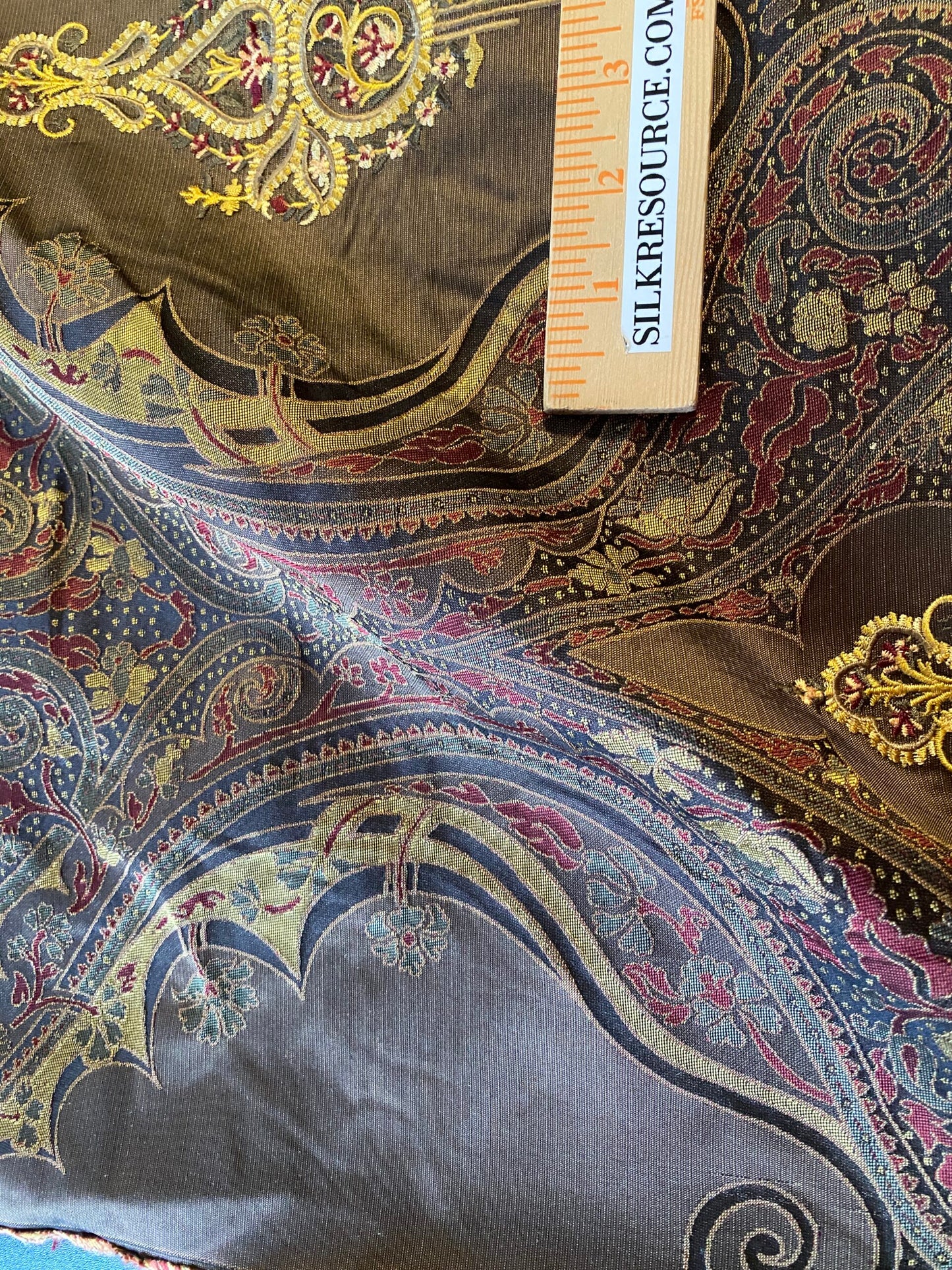 **On hold By Yd Scalamandre Dhara Black Gold Silk Damask Embroidery MSRP USD 200/y