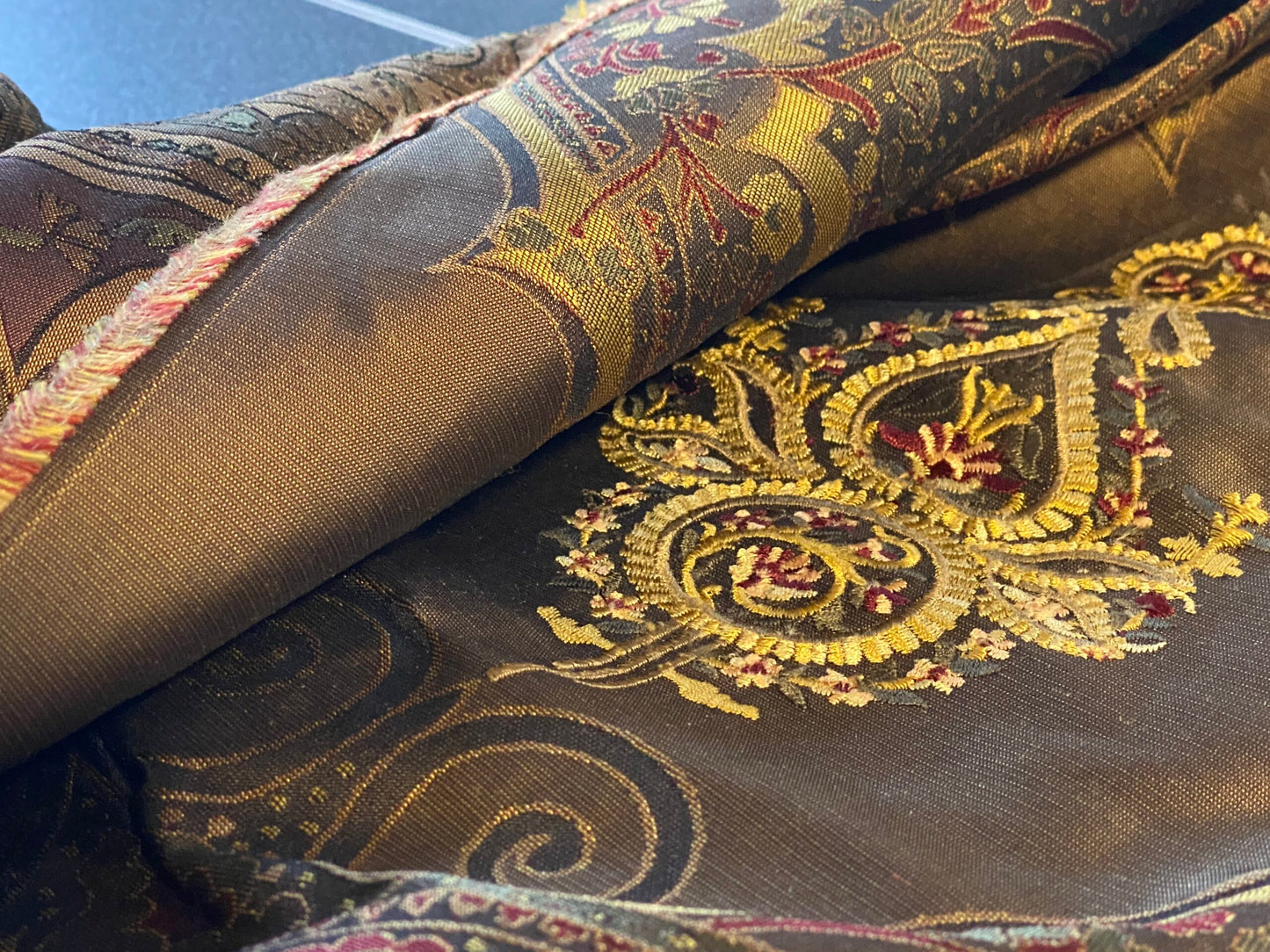 **On hold By Yd Scalamandre Dhara Black Gold Silk Damask Embroidery MSRP USD 200/y