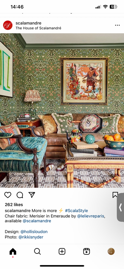 Scalamandre Pashmina Fern Arabisque Print On Cotton Satin Arabisque Green Red Tan MSRP USD 358/Y