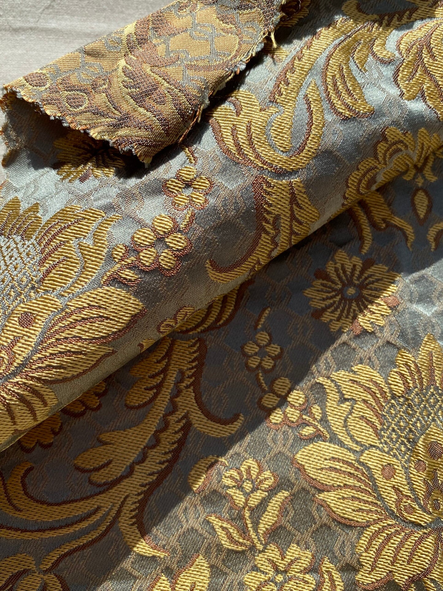 In Name of Rose Medallion Acanthus Renaissance Silk Damask Jacquard Blue & Gold MSRP USD 225Y