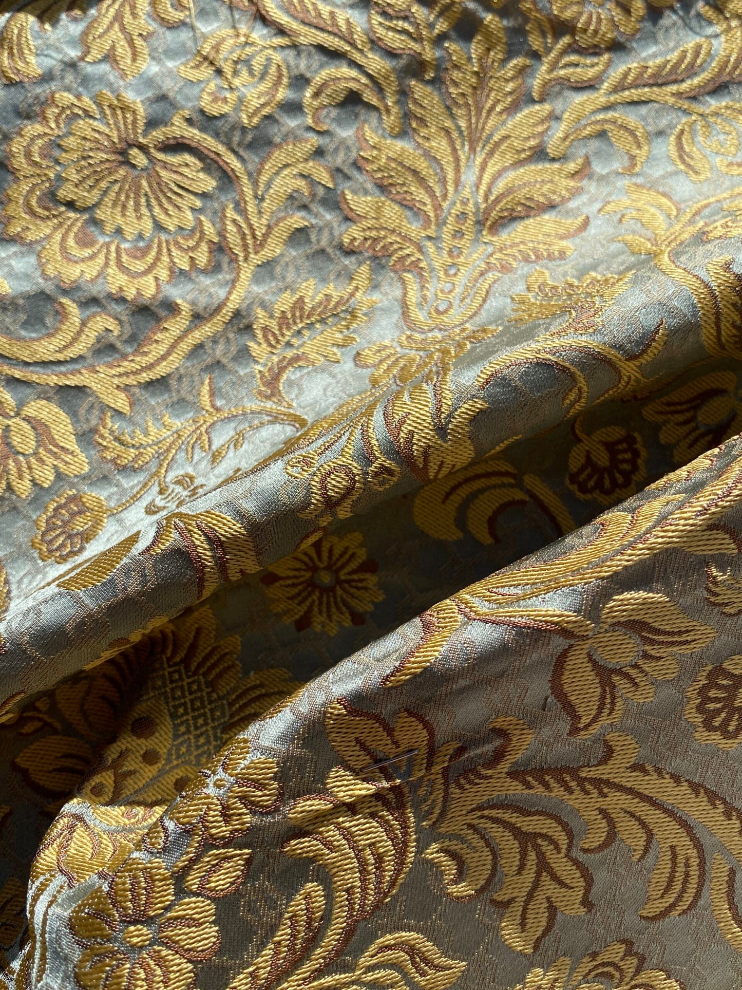 In Name of Rose Medallion Acanthus Renaissance Silk Damask Jacquard Blue & Gold MSRP USD 225Y