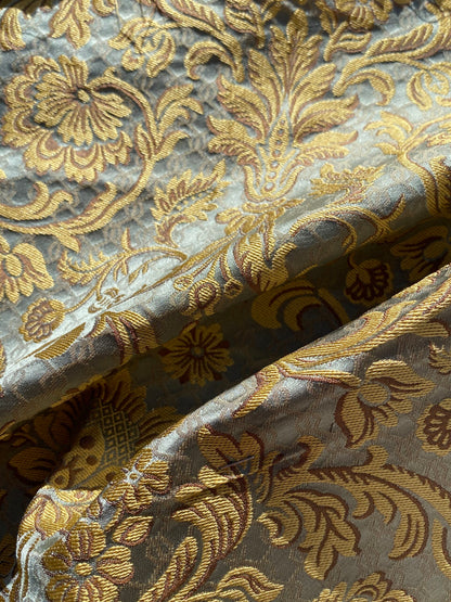 In Name of Rose Medallion Acanthus Renaissance Silk Damask Jacquard Blue & Gold MSRP USD 225Y
