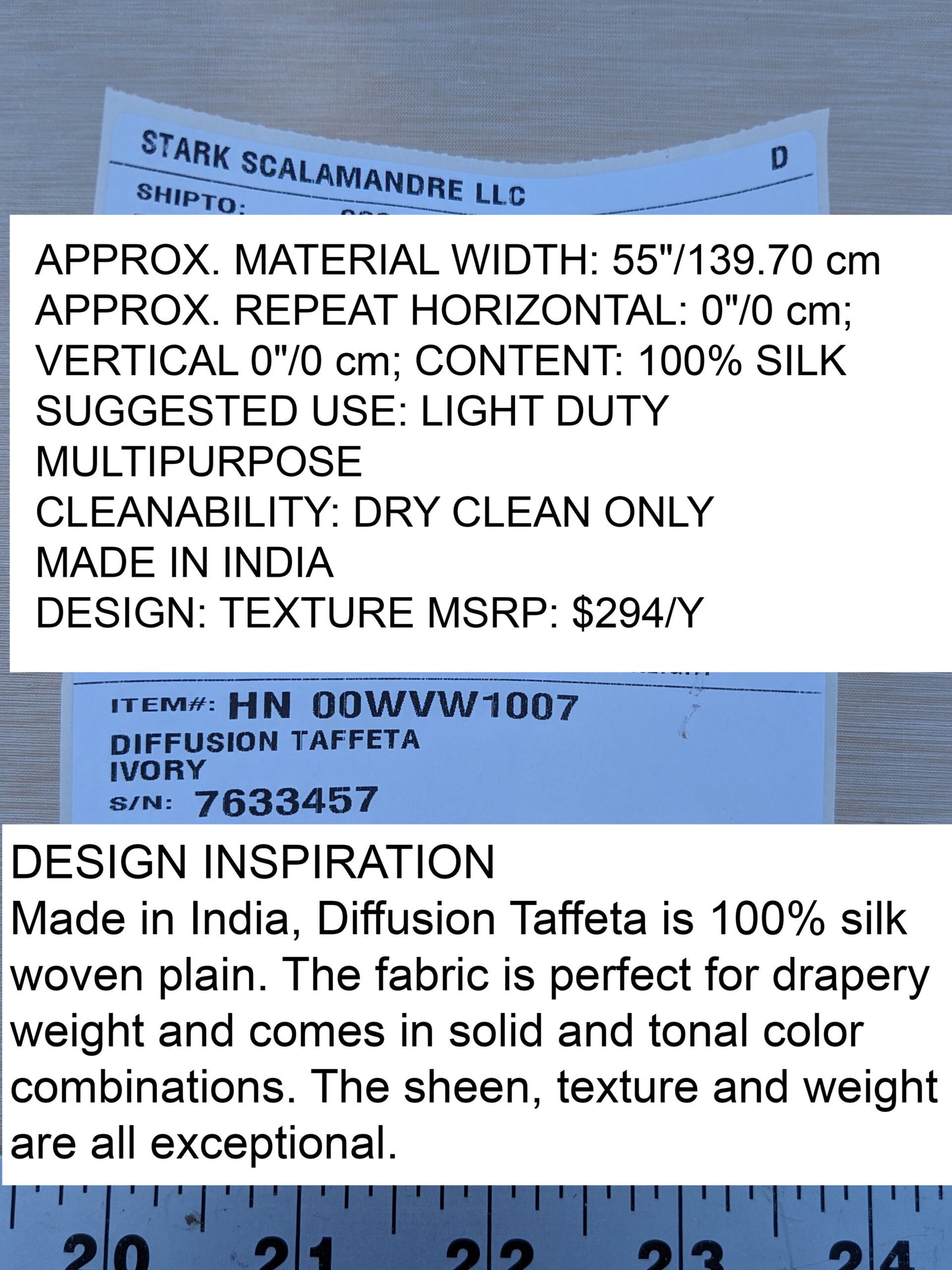 Scalamandre Diffusion Taffeta Ivory Cream White Silk Solid Texture MSRP USD294/y