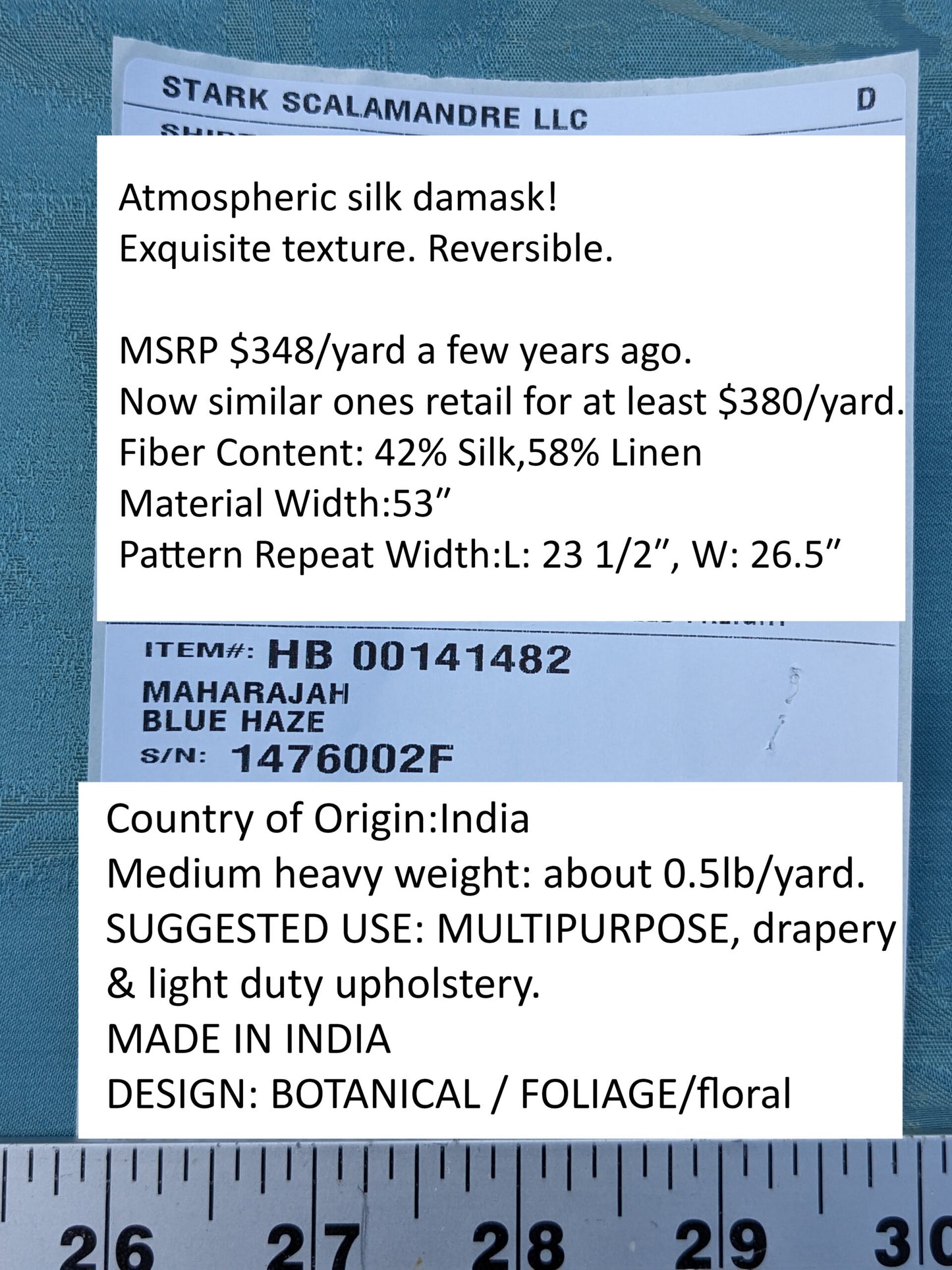 Scalamandre Maharajah Blue Haze Silk Linen Damask Reversible MSRP USD 348/Y