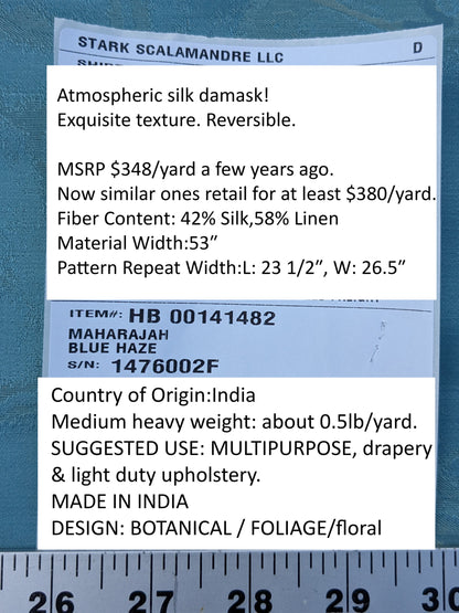 Scalamandre Maharajah Blue Haze Silk Linen Damask Reversible MSRP USD 348/Y