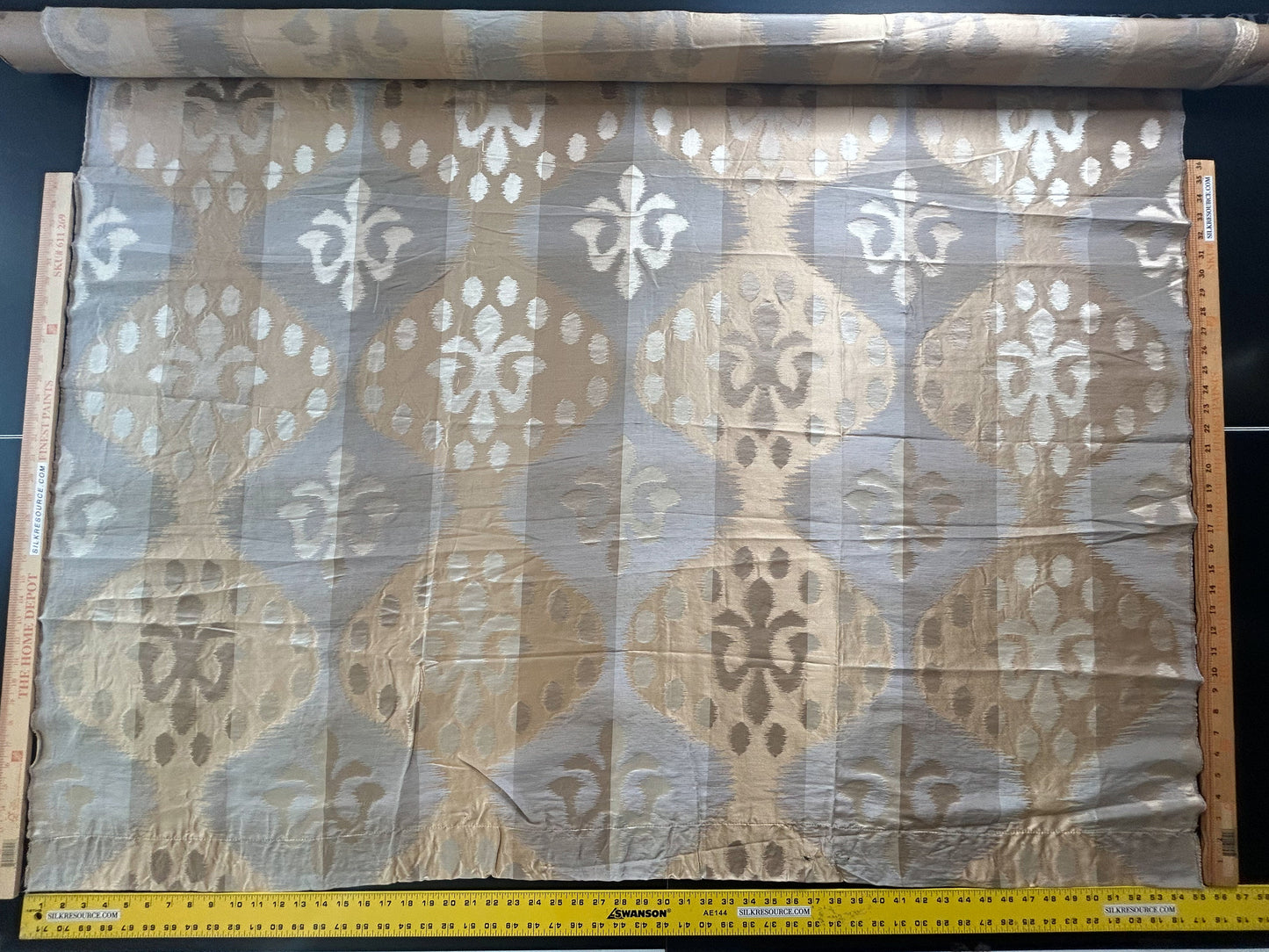 2.38 Yards Scalamandre Grey Watkins Angel Of Longevity in Cameo/Grey/Taupe Silk Linen Diamond Ogee Ikat MSRP USD 306/y