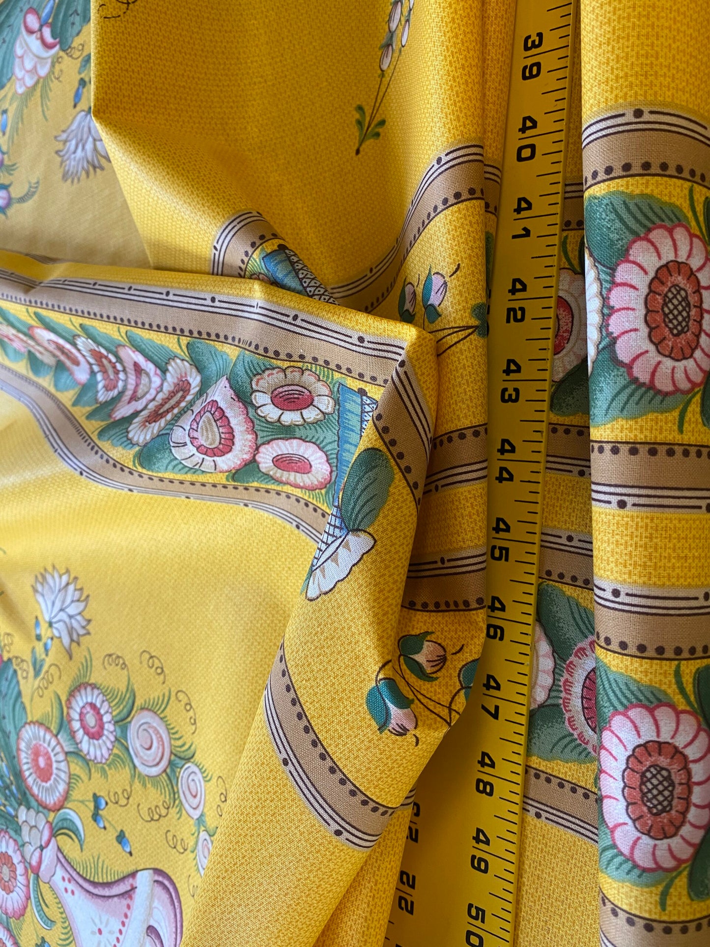 By Yard Scalamandre Bouquet Chinois Grey Watkins Marigold Chinois Yellow Gold Green Flower Stripe MSRP USD 200/Y