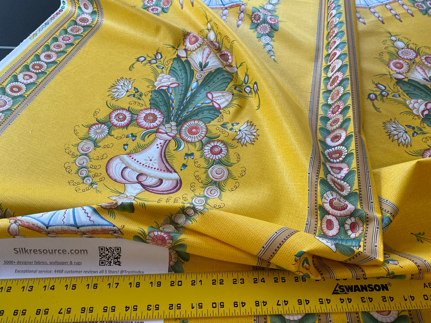 By Yard Scalamandre Bouquet Chinois Grey Watkins Marigold Chinois Yellow Gold Green Flower Stripe MSRP USD 200/Y