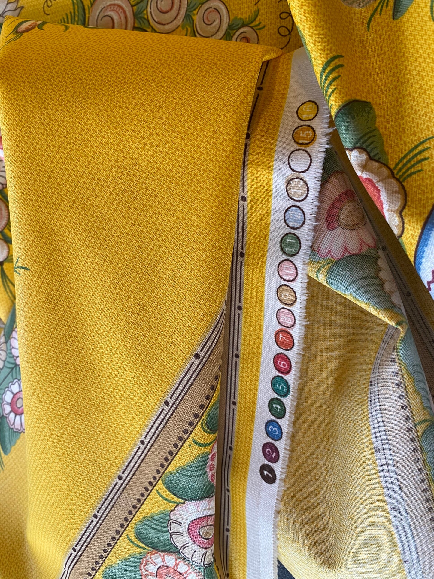 By Yard Scalamandre Bouquet Chinois Grey Watkins Marigold Chinois Yellow Gold Green Flower Stripe MSRP USD 200/Y