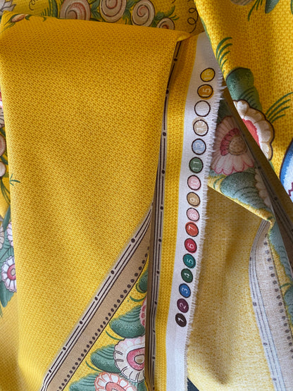 By Yard Scalamandre Bouquet Chinois Grey Watkins Marigold Chinois Yellow Gold Green Flower Stripe MSRP USD 200/Y