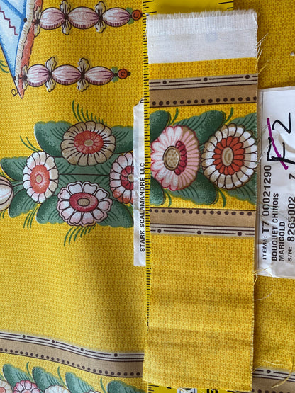 By Yard Scalamandre Bouquet Chinois Grey Watkins Marigold Chinois Yellow Gold Green Flower Stripe MSRP USD 200/Y